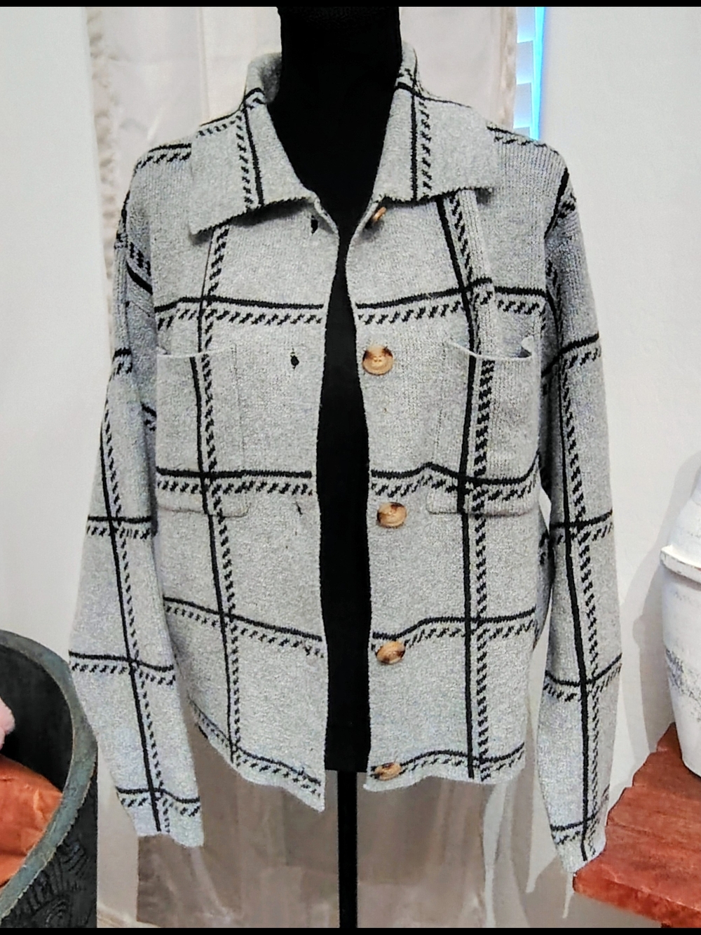 Gray Plaid Button-Front Cardigan Sweater. New